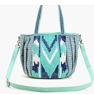 Chic Beaded Tote with Crossbody Strap - Blue and Green